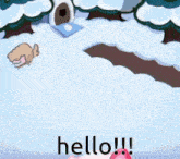 a cartoon character is standing in the snow and saying hello