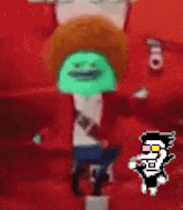 a pixel art of a cartoon character with a green face and a red background