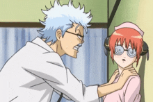 a cartoon of a doctor talking to a nurse with glasses on