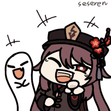 a cartoon drawing of a girl with a hat and a ghost with the word seseren below her