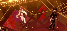 two anime characters are dancing on a stage in a video game