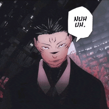 a man with a speech bubble saying nuh uh