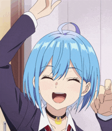 a girl with blue hair is wearing a choker and a suit