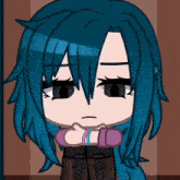 a cartoon of a girl with blue hair and a purple shirt