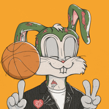 a cartoon bunny is holding a basketball and giving the peace sign