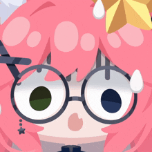 a girl with pink hair and glasses has a star on her head
