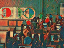 a painting of people sitting in front of computers with balloons and a sign that says google