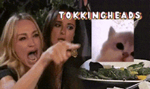 two women are pointing at a picture of a cat with the words tokingheads above them .