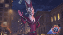a cartoon character is standing in front of a building and pointing to something