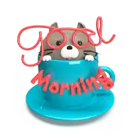 a cat in a blue cup with the words good morning written on it