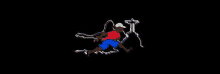 a cartoon of a man running on a black background with a cross in the background .