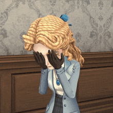 a cartoon character is covering her eyes with her hands