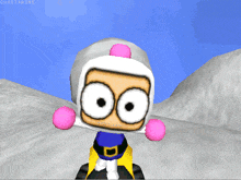 a cartoon character with big eyes and a white helmet