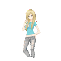 a pixel art of a girl wearing a blue shirt and jeans