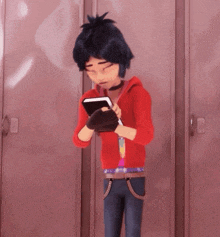 a cartoon character is standing in front of a locker holding a book