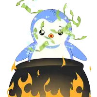 a penguin in a cauldron with money coming out of its eyes