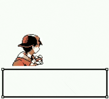 a pixel art of a man standing in front of a fence holding a poke ball .