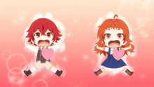 a boy and a girl with red hair are holding hearts