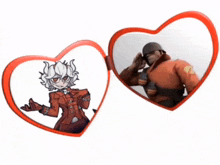 two red heart shaped mirrors with a soldier and a demon girl on them