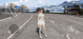 a girl in a white skirt is standing on a road in a game called alpen