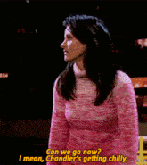 a woman in a pink sweater says can we go now