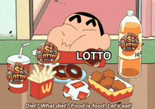 a cartoon of a man eating a donut with the word lotto on his shirt