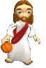 a cartoon of jesus holding a basketball in his hands .