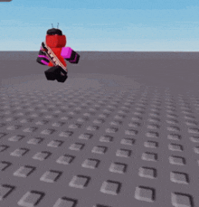 a roblox character with a purple face and a red r hat