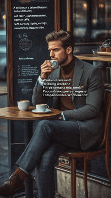 a man in a suit sits at a table with a cup of coffee