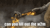 a picture of a monster with the words " can you fill out the w2m " at the bottom