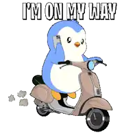 a penguin riding a scooter with the words i 'm on my way below it