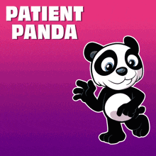 a cartoon panda bear is standing in front of a sign that says patient panda