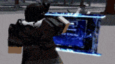 a person in a video game is holding a blue item that says e on it
