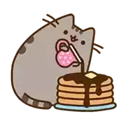 a pusheen cat is pouring chocolate syrup on a stack of pancakes .