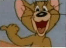 a close up of a cartoon character , jerry , smiling and waving .