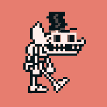 a pixel art drawing of a skeleton with a top hat
