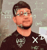 a man wearing glasses is surrounded by math equations including one that says x + y
