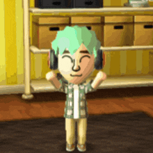 a cartoon character with green hair and headphones