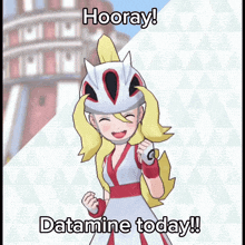 a cartoon character says " hooray " in front of a building