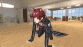 a cartoon character with red hair and cat ears crawls on the floor