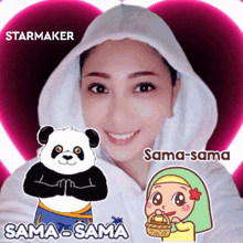 a woman with a panda and a girl with a basket with the name sama-sama on it