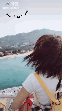 a girl with a yellow backpack is looking out over the ocean