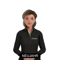 a cartoon woman wearing a simax jacket is talking