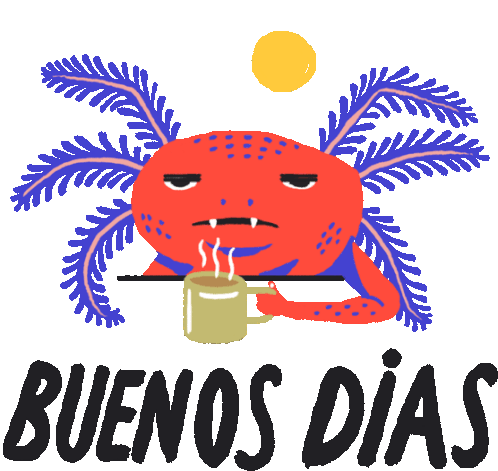 Grumpy álvaro With Morning Coffee And Caption Good Morning In Spanish Sticker - álvaro El Axolotl Buenos Dias Coffee Stickers