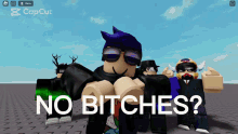 a group of roblox characters standing next to each other with the words no bitches on the bottom