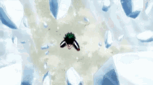 a cartoon character with green hair is kneeling down and looking up at the sky .
