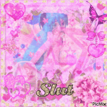 a picture of a girl with blue hair and the word slut