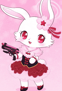a white rabbit with red eyes is holding a gun in her hand