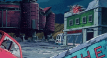 a cartoon scene with a sign that says the e on it