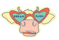 a cow wearing heart shaped sunglasses with the words dream farm on them